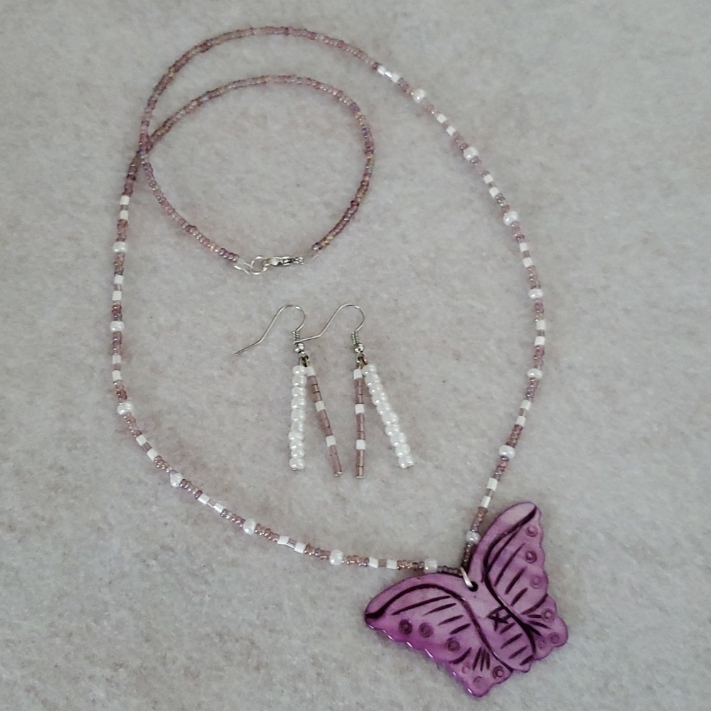 Handmade Purple Butterfly Necklace and Earrings Set